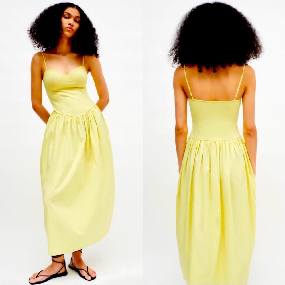 Zara COMBINATION POPLIN MIDI VNECK DRESS Yellow BN